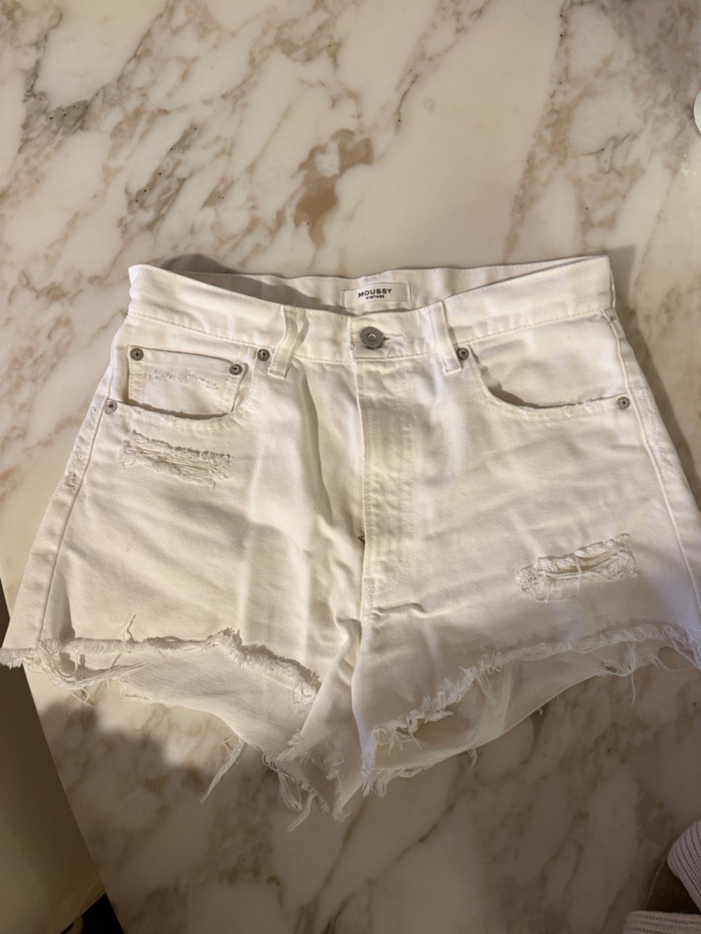 Moussy White Distressed High-Rise Denim Cutoff Shorts